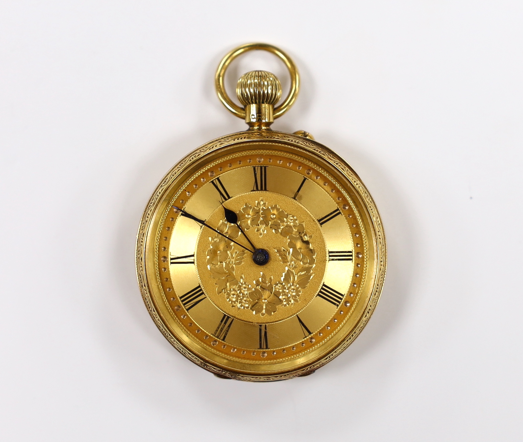 An Edwardian 18ct gold open faced keyless fob watch, by D. Evans of Aberystwyth, case diameter 40mm.